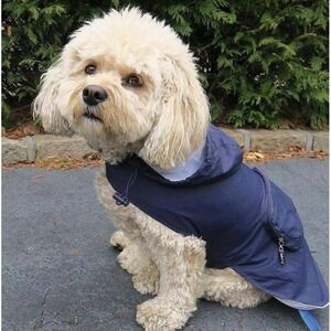 Fabdog Navy Blue Dog Raincoat with Hood and Packable‎ Pocket Pet Apparel
